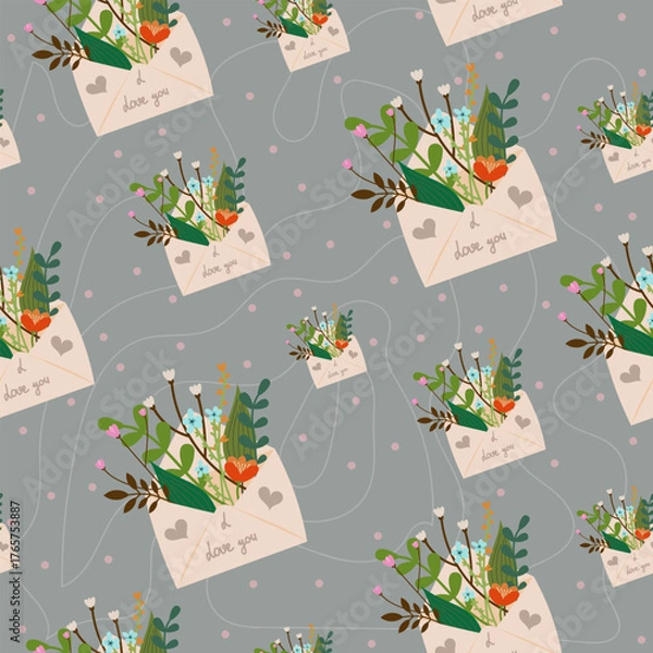 Fototapeta Soft gray seamless pattern with floral envelopes – elegant botanical design background