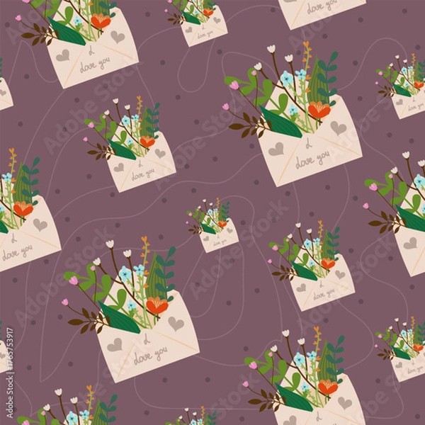 Fototapeta Dusty mauve seamless botanical envelope pattern – romantic floral design for stationery and packaging