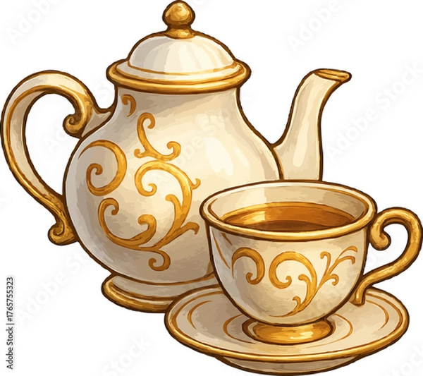Obraz An elegant porcelain teapot and teacup set with golden ornamental swirling patterns for a luxurious afternoon tea experience