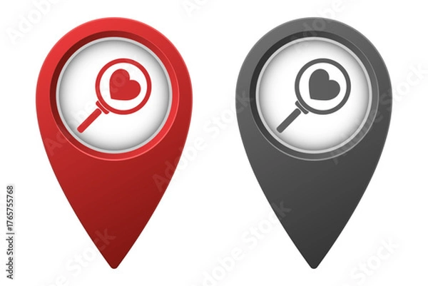 Fototapeta Active red and inactive gray map pointer or marker with search love icon