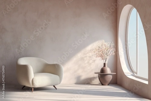 Fototapeta Softly lit armchair and vase with delicate branches near an oval window.