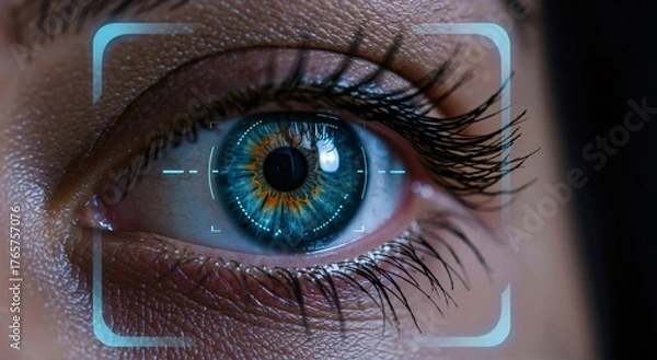 Fototapeta Close up of a woman eye with digital scan. Biometric security scan for iris recognition and eye tracking. Cyber security and authentication concept.