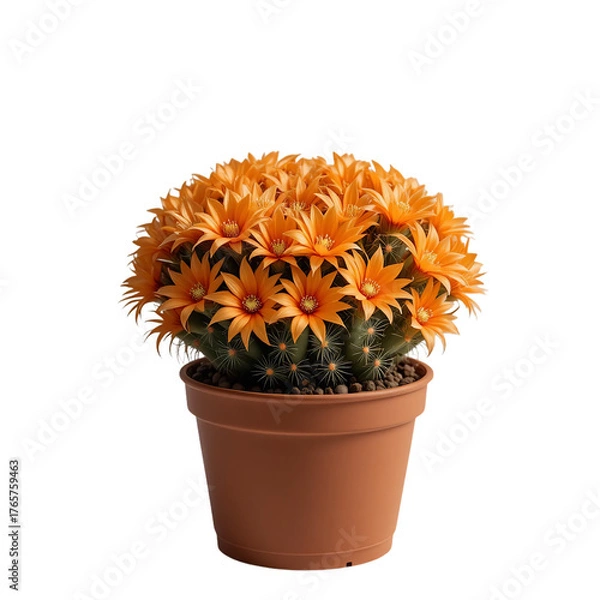 Fototapeta Blooming Cactus In A Brown Pot Displays Numerous Vibrant Orange Flowers Against A Plain Transparent Background