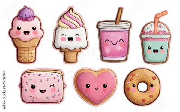 Fototapeta Cute and Colorful Cartoon Desserts with Happy Faces on Transparent Background