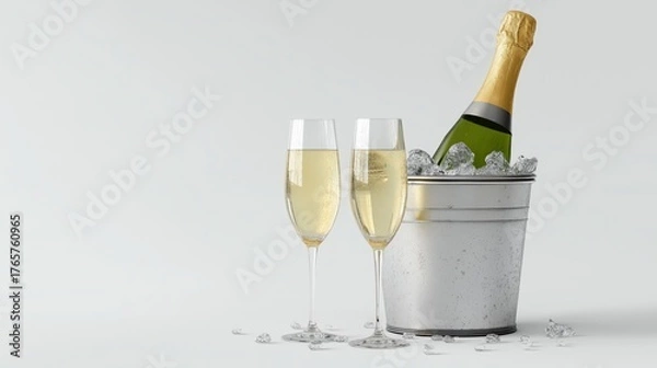 Obraz A bottle of champagne in an ice bucket, accompanied by two elegant flutes, creating a celebratory atmosphere.