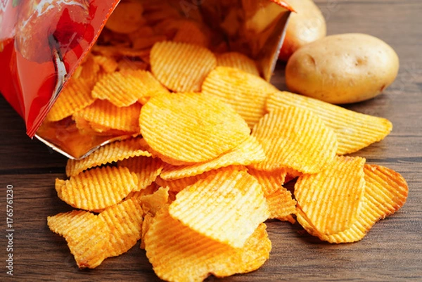 Obraz Potato chips , delicious BBQ seasoning spicy for crips, thin slice deep fried snack fast food.