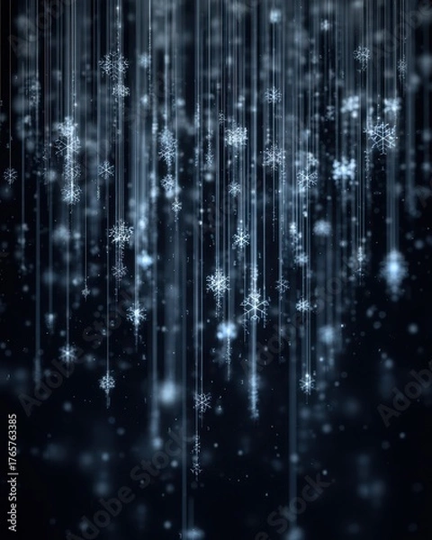 Fototapeta Data particles flow downwards, digital snowstorm, lines of code transform into snowflakes, dark background, elegant tech aesthetic. tech Christmas, digital winter, cyber snowfall, fintech abstraction.