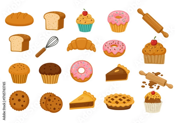 Fototapeta Assortment of Dessert and Bread Icons: Donut, Muffin Cake, Pie, Cookies, and Rolling Pin