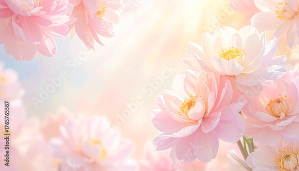Fototapeta Soft pastel floral background with gentle light and blurred petals creates dreamy, minimal luxury spring atmosphere, evoking calm and peaceful feelings