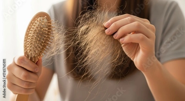 Fototapeta Comb Through Hair: A close-up view shows a person examining hair loss, with the comb and strands of fallen hair in focus, highlighting the emotional distress.