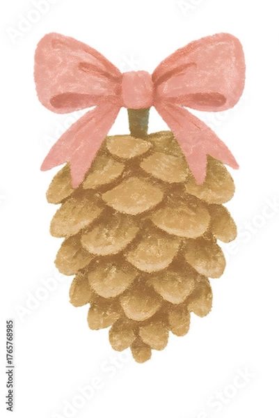 Obraz Pine cone with bow hand drawn pastel texture transparent PNG for Christmas cards tags stickers wreath accents and rustic winter branding