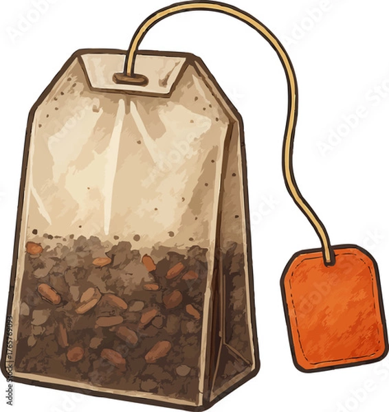 Obraz A single paper teabag filled with dark tea leaves and spices, complete with a string and blank orange tag