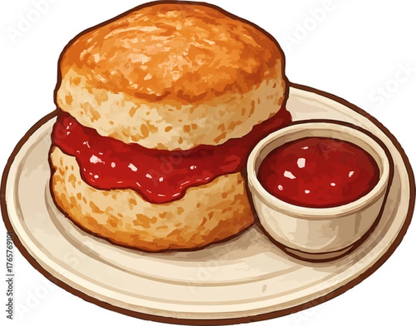 Obraz A fresh baked scone pastry split in half with strawberry jam filling served on a plate with an extra side of dipping sauce