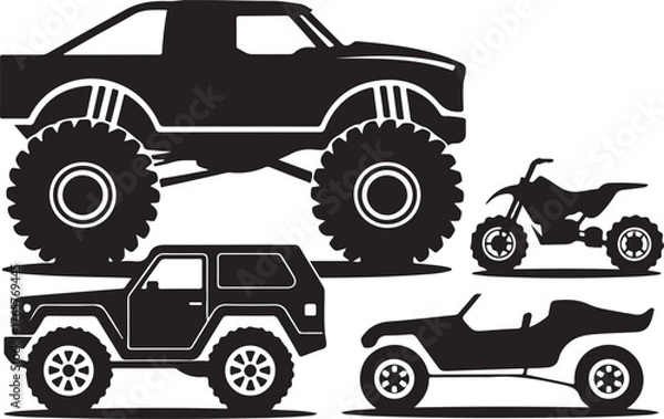 Fototapeta Black silhouette illustrations of monster truck S U V A T V and dune buggy off road vehicle