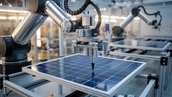 Fototapeta Automated solar panel manufacturing robotic arms precision assembly and inspection
