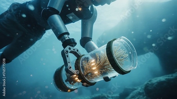 Fototapeta Futuristic underwater robotic diver collecting coral specimens for scientific research