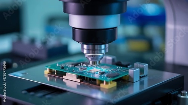 Fototapeta High tech electronic printed circuit board analysis with microscope device