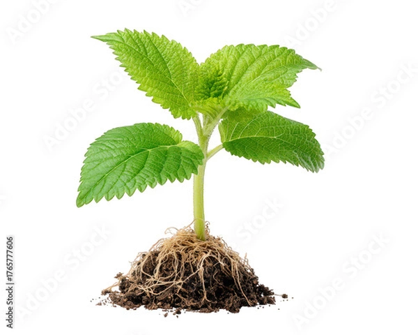 Fototapeta Hopeful young green plant sprout and seedling with leaf, stem, and root in soil, symbol of new life and growth. Isolated cutout for easy use in any design concept