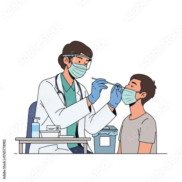 Fototapeta Flat 2D vector illustration of a medical professional administering a nasal swab test to a patient wearing face masks in a clinical setting.
