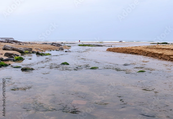 Obraz view of a sandy beach with rocks and waves at a river's mouth