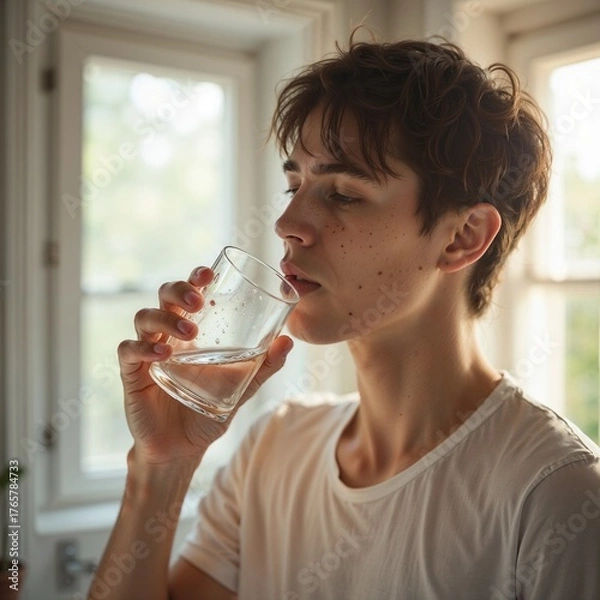 Fototapeta Young person refreshed drinking water against a softly lit home window backdrop