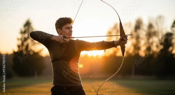 Fototapeta Young archer aiming with a recurve bow during a beautiful sunset. Man practicing archery in a field with golden hour light. Concept of focus, skill, precision, and goals.