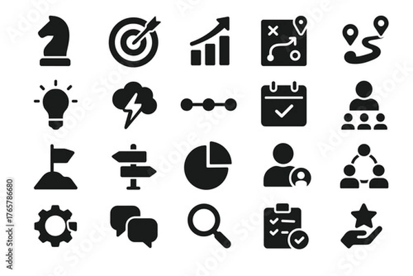 Obraz A set of icons representing various aspects of business, planning, and success. All icons are designed in black and white.