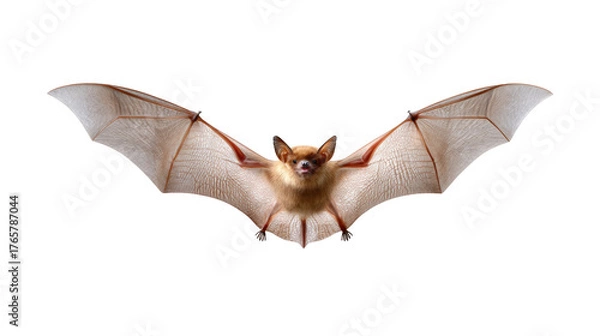 Fototapeta Bat in Flight: An awe-inspiring image showcases a bat in full flight, its wings fully extended and veins intricately visible, revealing nature's delicate architecture. 
