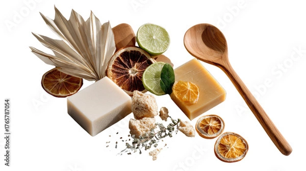 Fototapeta Artisan Soap and Natural Elements: A carefully curated composition of handmade soap bars, fresh citrus slices, wooden spoon.