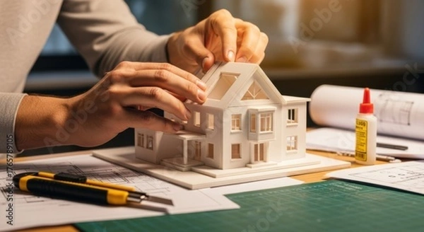 Fototapeta Expert hands assembling detailed architectural house model with blueprint drawings, crafting miniature modern residential design using precision tools and glue