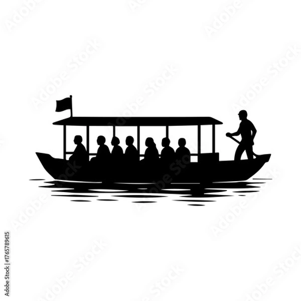 Fototapeta Boat Ride Silhouette Group on Water with Rowing Captain Icon