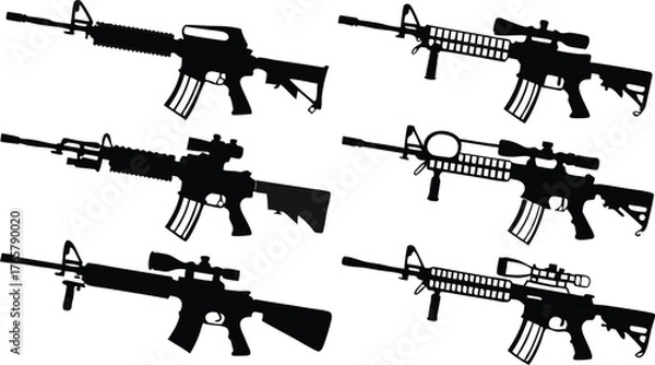 Fototapeta Dynamic collection of modern assault rifle silhouettes, ideal for tactical design, military themes, and strategic game elements