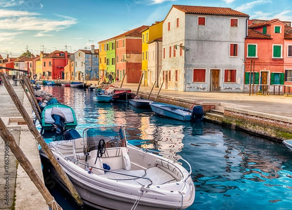 Fototapeta Colorful houses along the canal, island of Burano, Venice, Italy