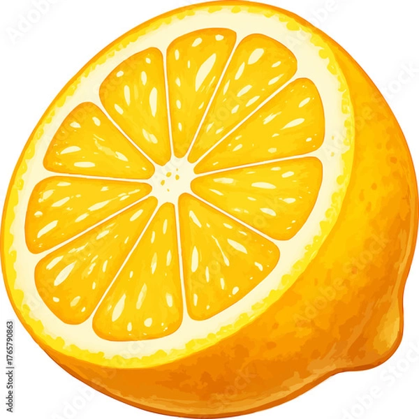 Obraz A bright yellow citrus fruit sliced in half, showing the juicy segments and texture of the pulp isolated