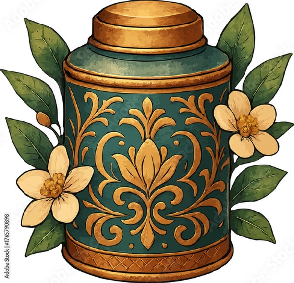 Obraz An ornate metal tea caddy decorated with a detailed golden floral pattern surrounded by green leaves and white blossoms