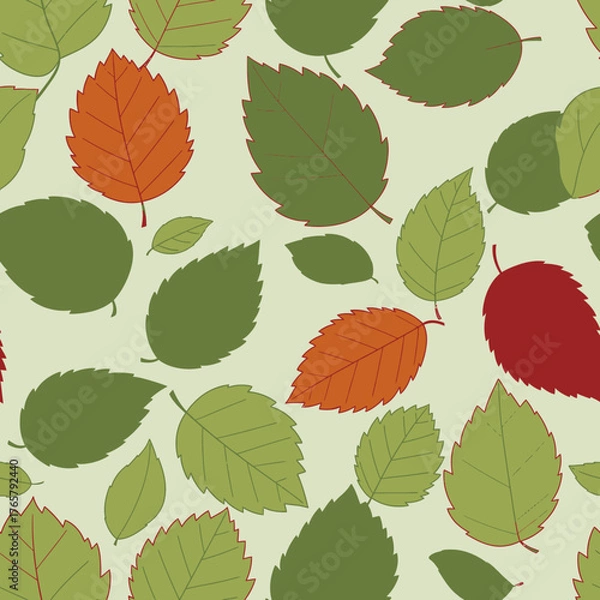 Obraz Seamless pattern of various green, orange, and red leaves scattered on a light green background.