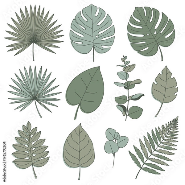 Obraz A collection of various green tropical and botanical leaves in a flat illustration style.
