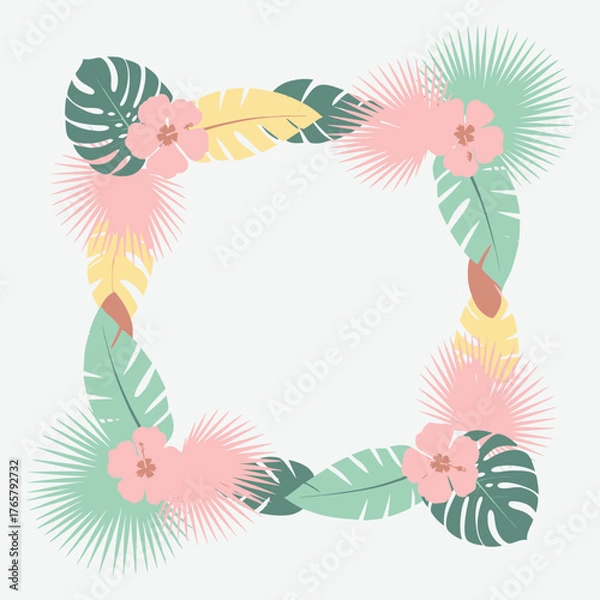 Obraz Pastel tropical leaves and flowers frame with empty space, decorative border for summer designs.