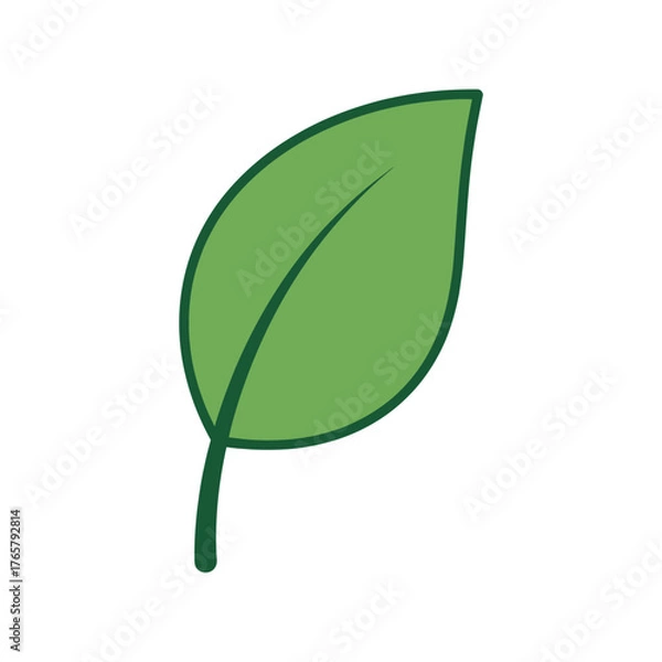 Obraz A simple illustration of a green leaf with a stem, showcasing natural beauty and botanical detail.
