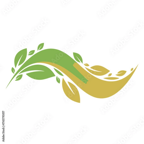 Obraz Green and gold wave with leaves logo design.