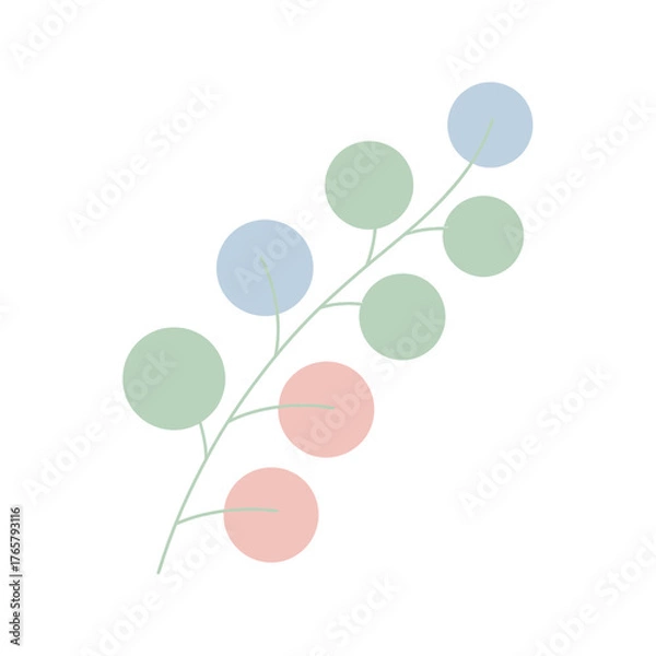 Obraz A minimalist illustration of a plant branch with pastel-colored circular leaves on a white background.