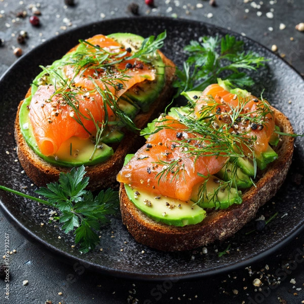 Fototapeta Toasts on black bread with avocado and lightly salted salmon.