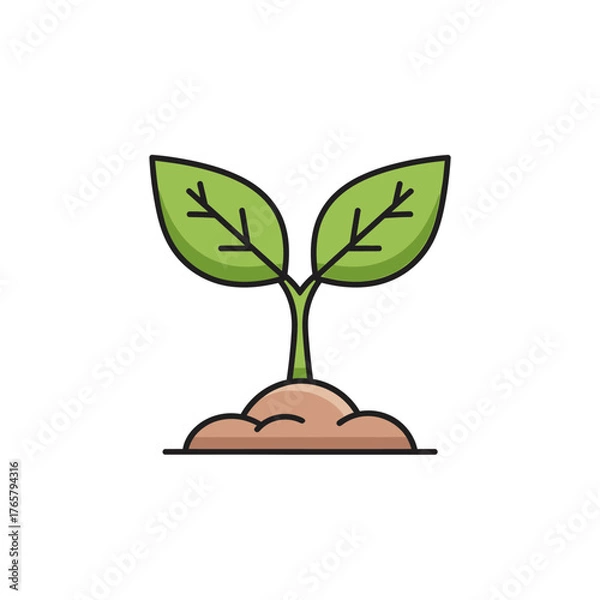 Obraz A simple cartoon illustration of a green seedling with two leaves sprouting from the earth.