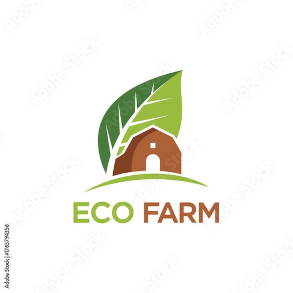 Obraz A stylized logo featuring a barn silhouette integrated with a large green leaf, symbolizing an eco-friendly farm.