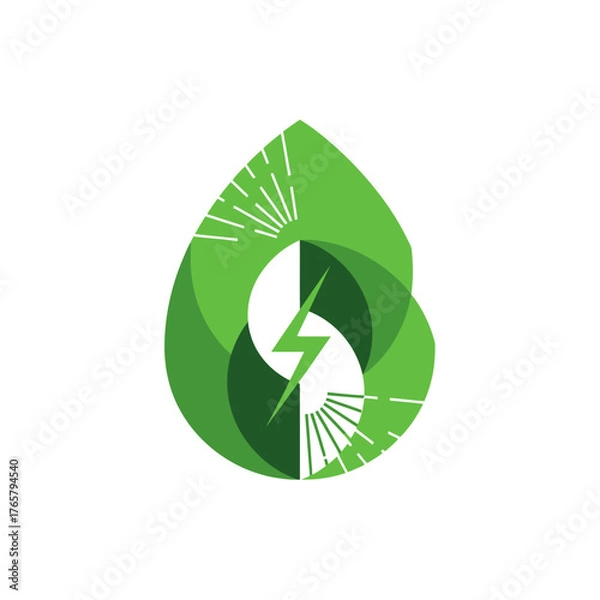 Obraz Green leaf logo with a lightning bolt symbolizing renewable energy and sustainability.
