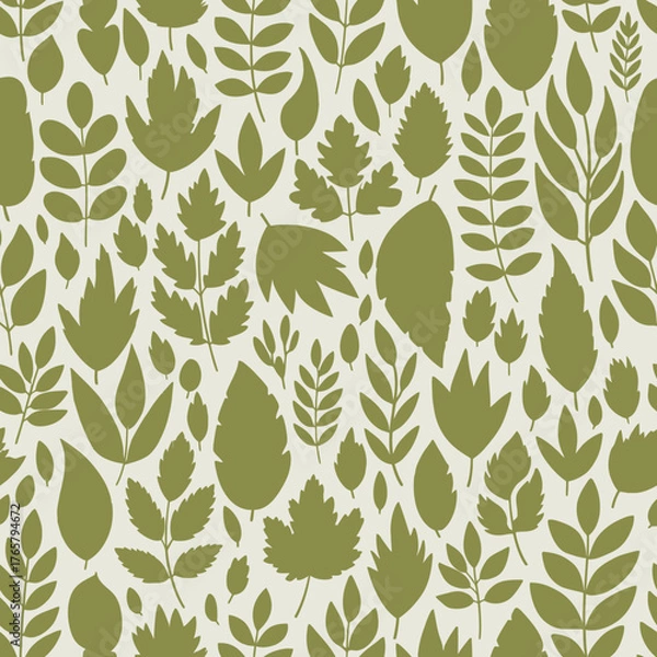 Obraz Seamless pattern of green leaves on a light background.