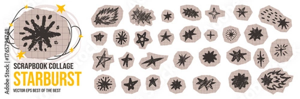 Fototapeta Doodle starburst and star paper cutout in irregular scrapbook set.