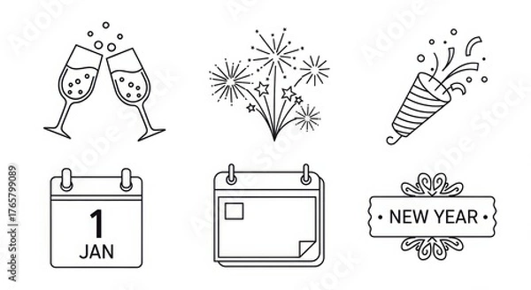 Fototapeta New Year Celebration Line Art Icons Set