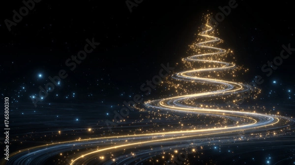 Fototapeta elegant black background, stylized Christmas tree made of spiraling golden and silver light trails, glowing sparkles surrounding it