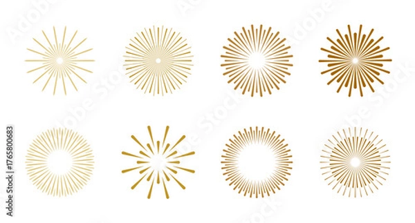 Fototapeta A set of abstract festive golden fireworks flashes, isolated on a white background, vector illustration. Decorative element for decoration, design, postcard, poster. Brilliant shining sun rays